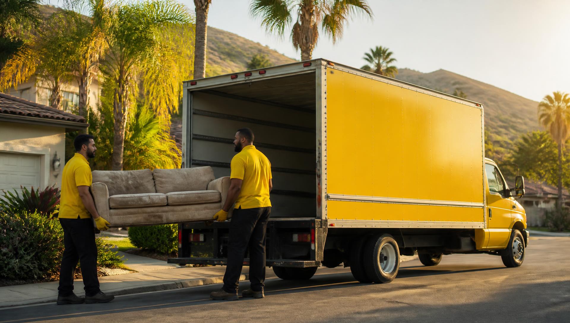 Toss Boss crew loading an old couch into a yellow junk removal truck on an Orange County street
